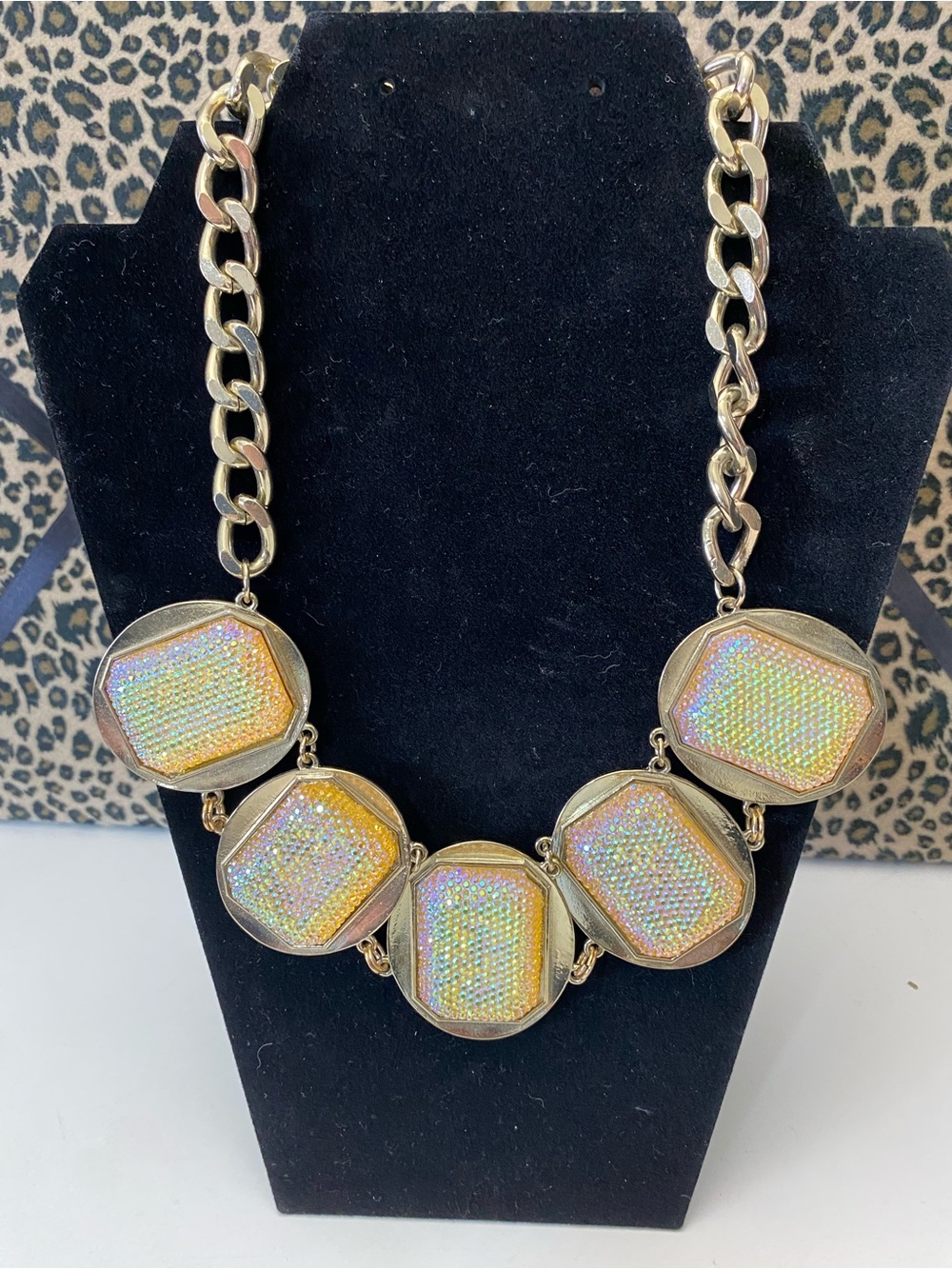 Gold-Tone Iridescent Crystal Bib Necklace Chunky Chain Statement Necklace